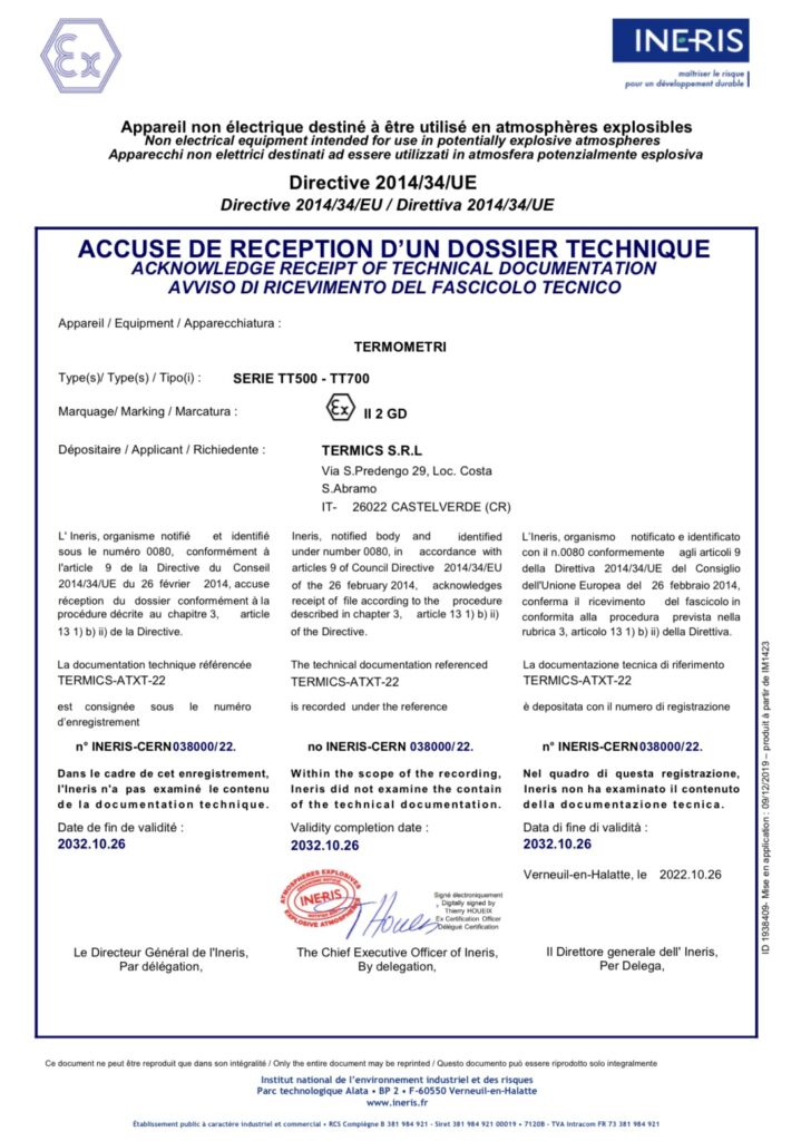 Certificato termometri ATEX Termics