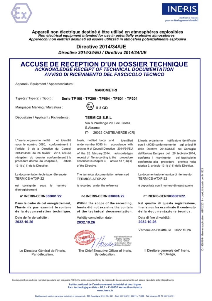 Certificato manometri ATEX Termics