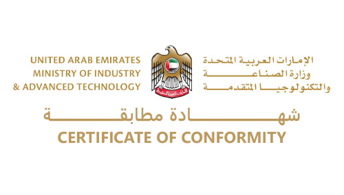 ECAS - Termics UAE Certificate of Conformity seal with the national emblem and bilingual text'Certificate of Conformity' and Arabic script.